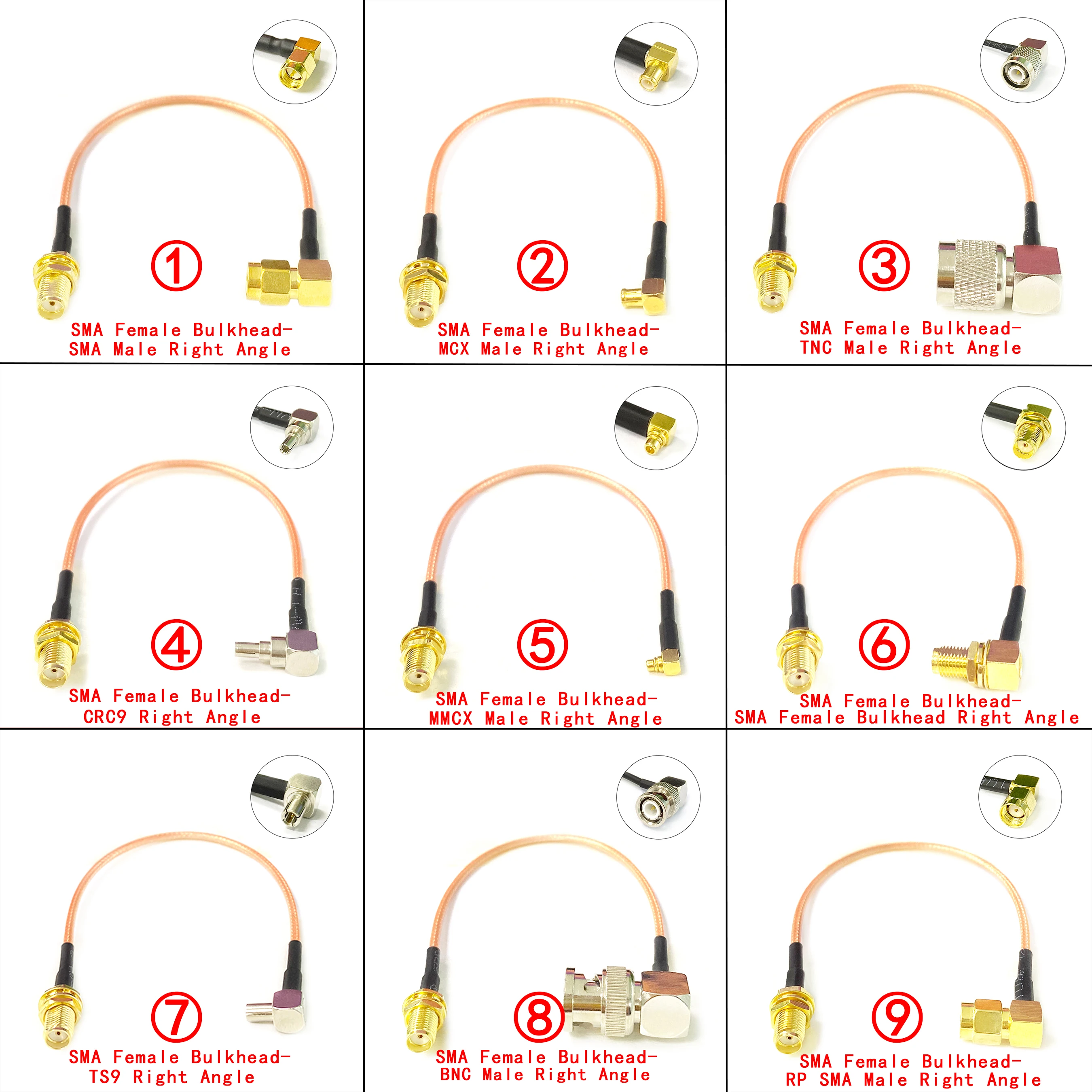 1pc SMA Female Nut to (RP)SMA/MCX/TNC/CRC9/MMCX/TS9/BNC/ Male/Female Pigtail Right Angle Cable Adapter RG31615/20/30cm New - купить по
