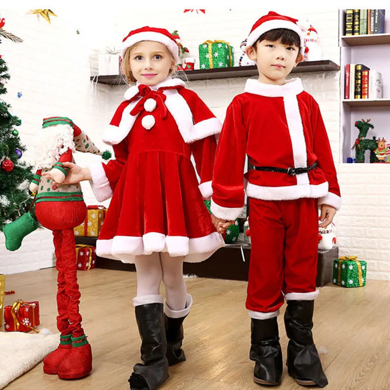 Kids Child Christmas Cosplay Santa Claus Costume Baby X-Mas Outfit 3/4 Piece Set Dress/Pants+Tops+Hat+Cloak+Belt For Boys Girls