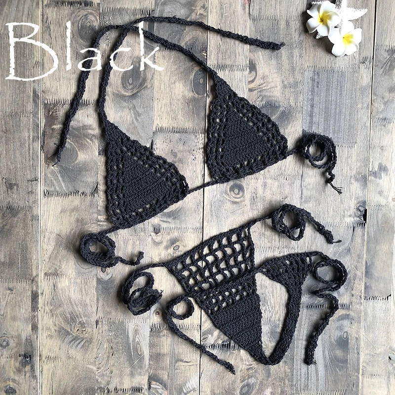 Black Ручная работа, вязанное крючком микро бикини, стринги, пляжные микро купальники, сексуальное нижнее белье, наборы, горячая Распродажа - Цвет: Black