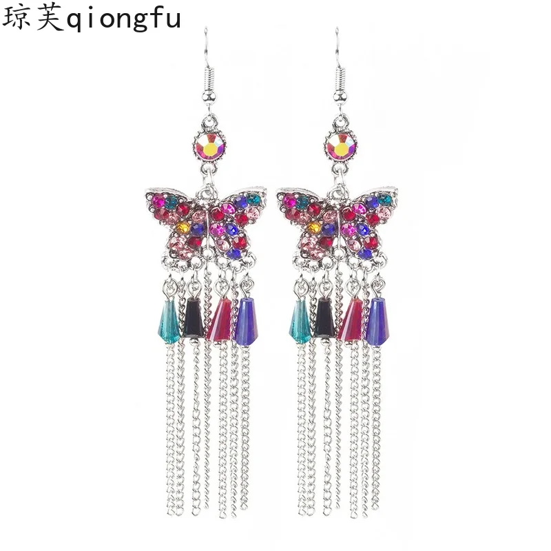 

2021 summer new European and American fashion diamond butterfly chain tassel earrings Bohemian style retro earrings