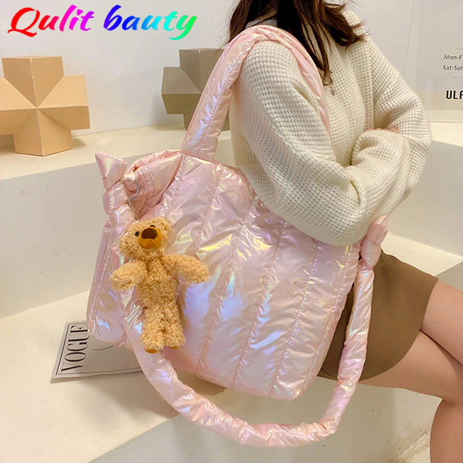 

New Winter Women's Shoulder Messenger Bag High Quality Down Fabric Laser Tote Bag 2021 Designer Cute Female Crossbody Bag Bolso