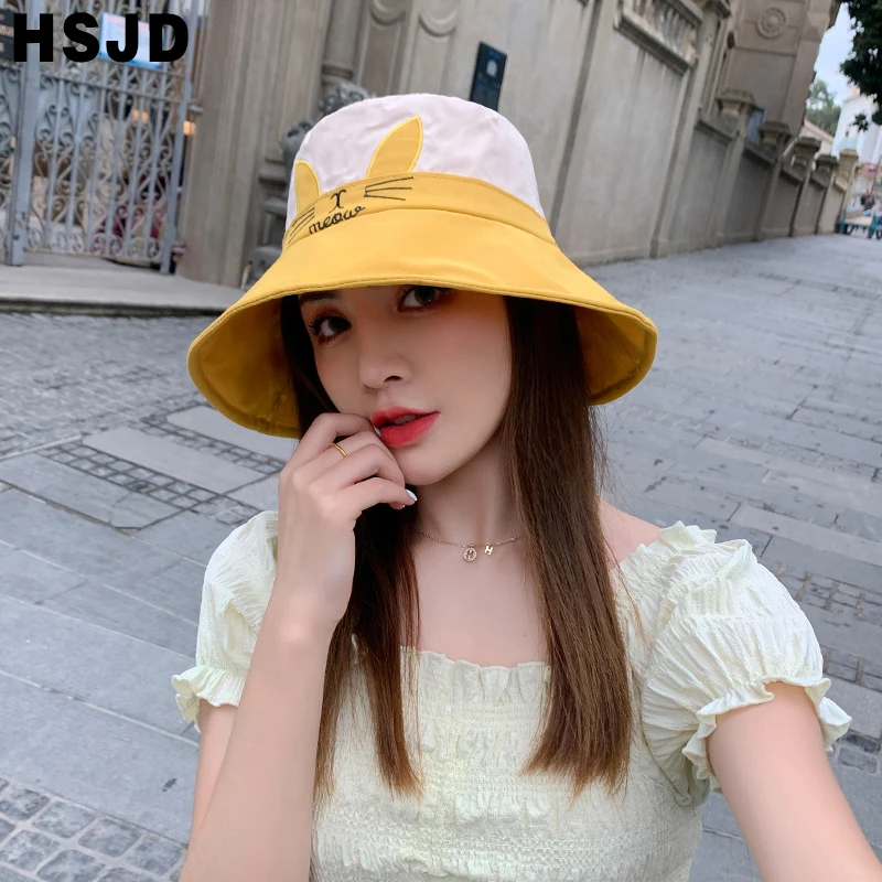 Cute Lovely Cat Ears Bucket Hat Summer Women's Hats Wide Brim Foldable Anti-UV Sun Beach Caps Panama Female Floppy Fisherman Cap