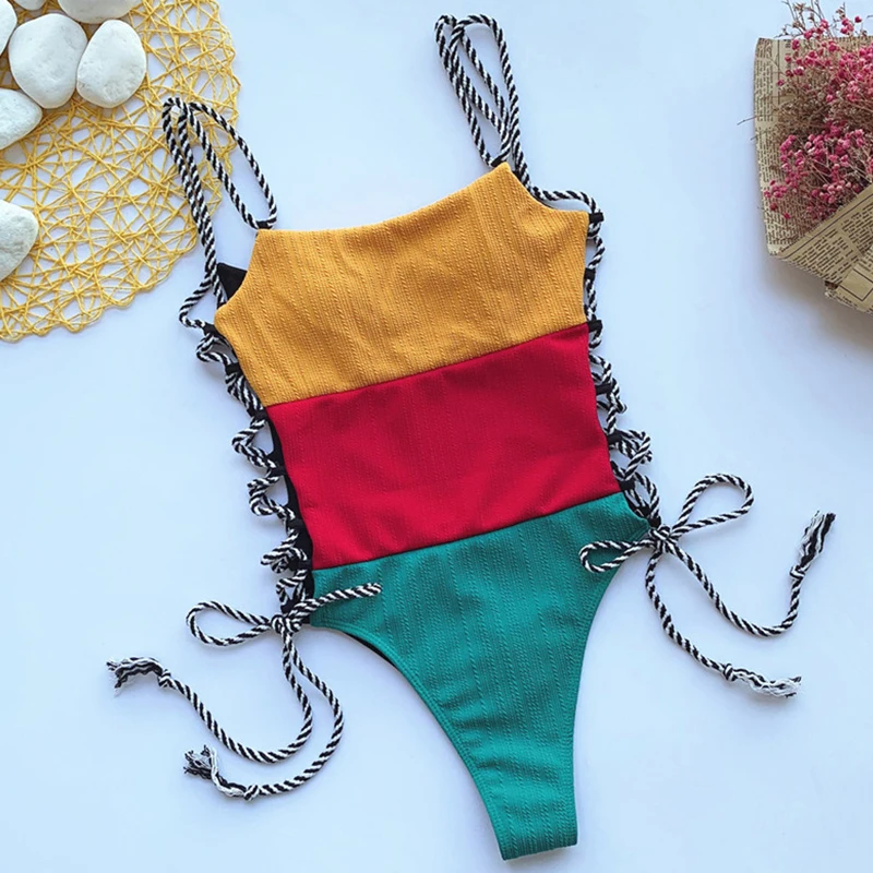 New 2022 Sexy Ribbed Splicing One Piece Swimsuit Women High cut Swimwear Female Strappy Monokini Bather Bathing Suit Swim Wear
