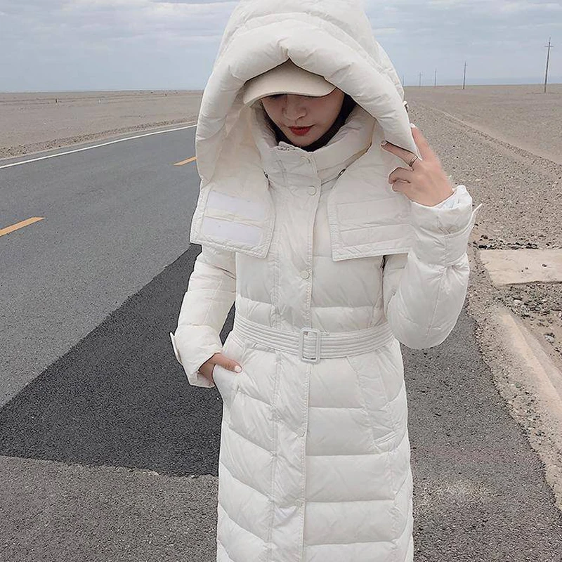 

Bella Philosophy 2019 Women solid Winter Warm Casual long Down Coats Female White Duck Down Coats Lady Sashes Hooded Outerwears