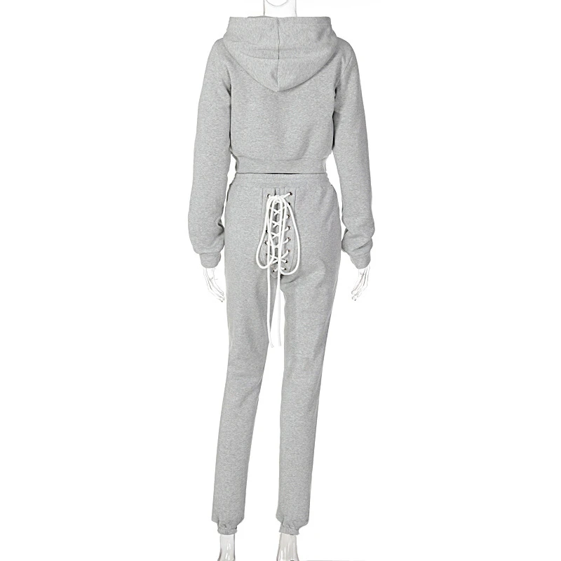 

Casual Longsleeve Two Piece Outfit For Women Matching Sets Drawstring Fitness Streetwear Solid Hooded Top And Pant Jogging Femme