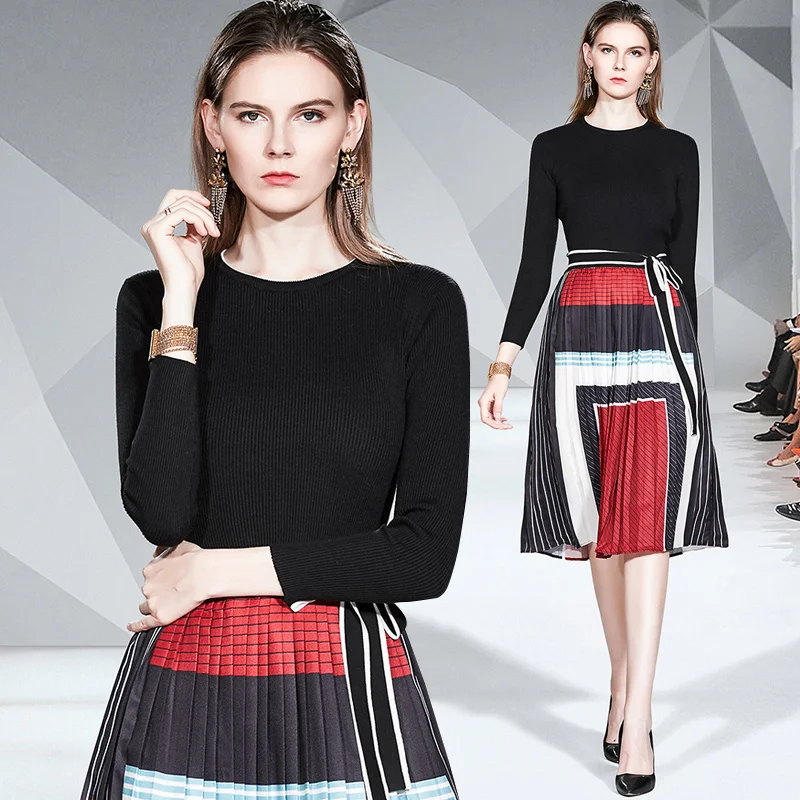 2020 Autumn 2 Piece Suits Women Lace-up Bow Black Knitted Sweater Top+ Elastic Waist Long Pleated Colour Geometry Skirt Suit | Женская