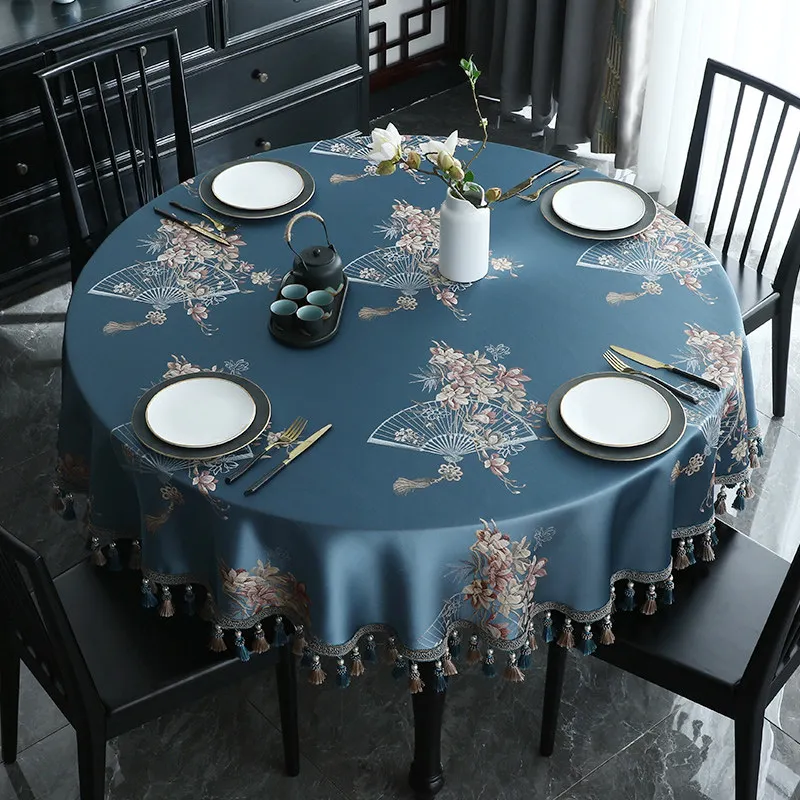 

Luxury Traditional Round Tablecloth 180 cm 160 cm 200cm Table Cover Dining Coffee Soft Jacquard Flower Tassels Home Decor Blue