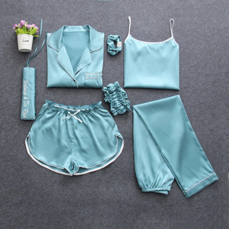 Women Silk 7 Piece Satin Pajama Set Lounge Wear Pajamas Sexy Sleepwear Pyjamas Silk For Women Summer Pcs Pijamas New