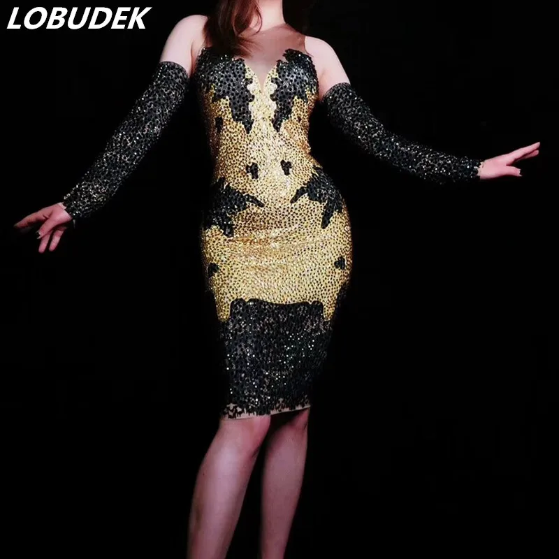 

Women Prom Birthday Celebration Crystals Dress Shiny Golden Black Rhinestones Short Dress Bar Party Nightclub Singer DS Costume