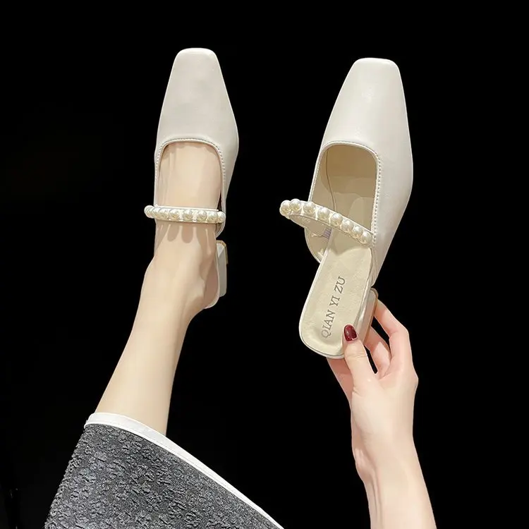 

Шлепанцы женские с квадратным носком, сланцы с бусинами, на низком каблуке-копытце, базовые туфли из искусственной кожи, для улицы, 2022