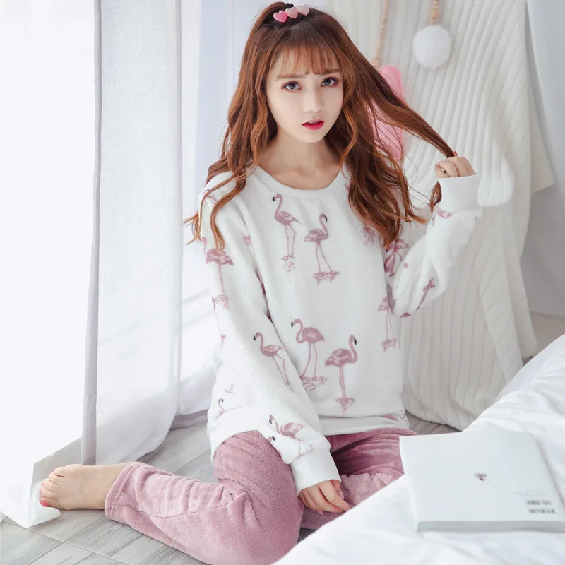 2019 толстые теплые фланелевые женские пижамы комплекты Осень-зима 2 штуки