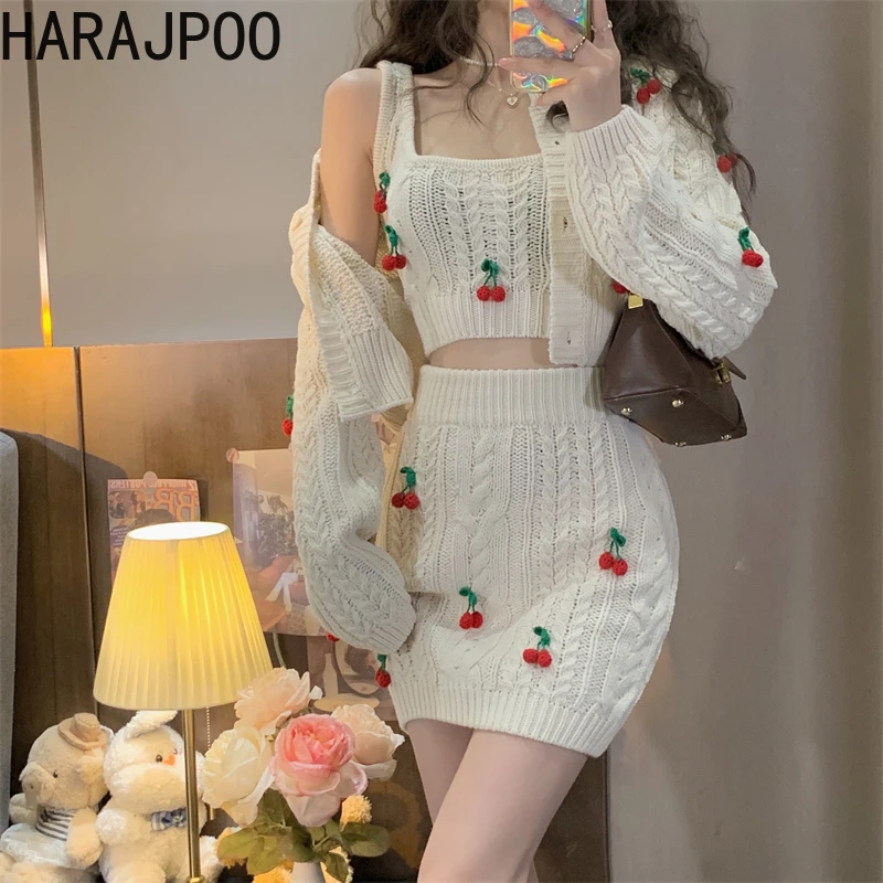 

Кардиган Harajpoo женский с трехмерным украшением в виде вишни, весна-осень 2022, Корейская уличная одежда, вязаные укороченные свитера с V-образн...