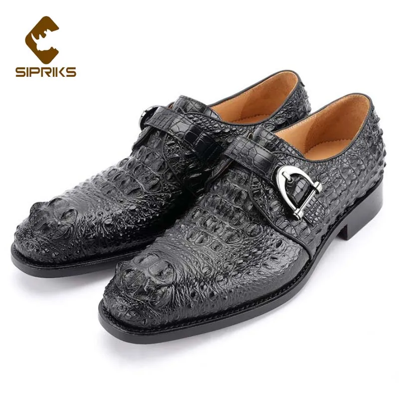 

Sipriks Men's Crocodie Skin Shoes Luxury Italian Custom Goodyear Welted Shoe Black Brown Single Monk Strap Male Wedding Gents 44