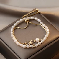 baroque natural pearl two piece bowknot gold bracelets for woman new korean fashion jewelry party girls elegant set accessories