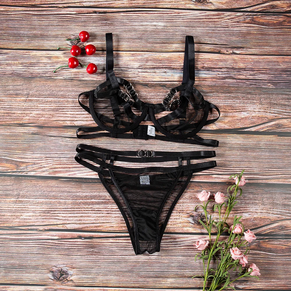 Комплект женского нижнего белья черный сетчатый кружевной комплект с