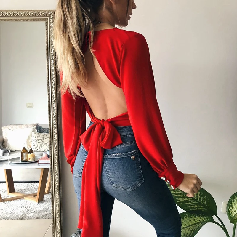 WannaThis блузка с низким вырезом на спине Woman2019 элегантная бандажная повязка с бантом Осенняя укороченная черная Дамская блузка для вечеринок