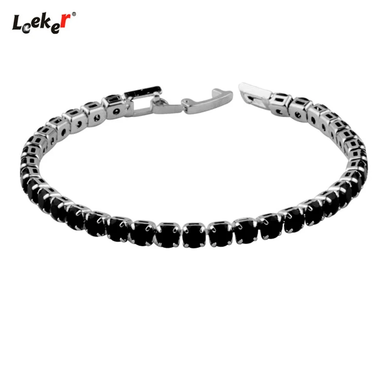 

LEEKER Vintage Black Cubic Zirconia Tennis Bracelets for Woman Silver Color Princess Cut CZ Wedding Jewelry ZD1 LK1