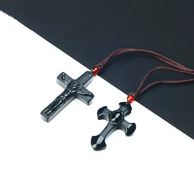 

Exquisite Natural Obsidian Cross Pendant Necklace