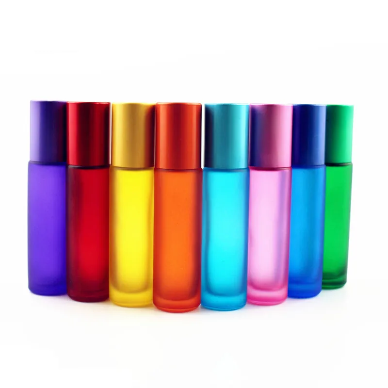 

10ml Portable Thick Glass Roller Essential Oil Perfume Bottles Travel Refillable Frosted Colorful Roller Ball Bottle