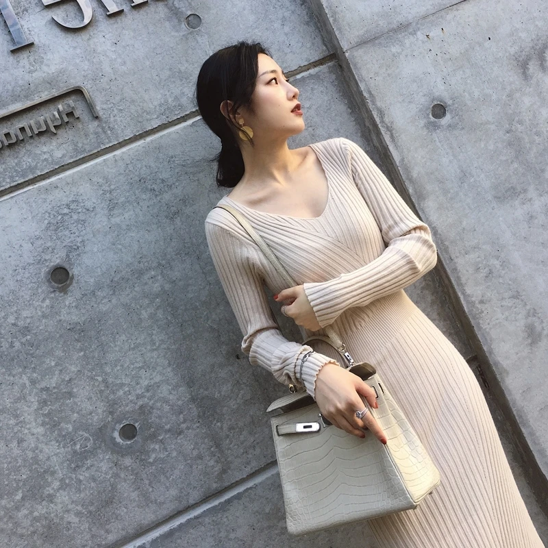 

V-neck Slim Mid-length Aesthetic Korean Sweater Dress for Women Winter Dresses Vintage Fashion Sexy Casual Knitted Bodycon Woman