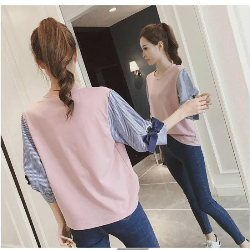 Женская шифоновая блузка с бантом однотонная свободная офисная в стиле пэчворк