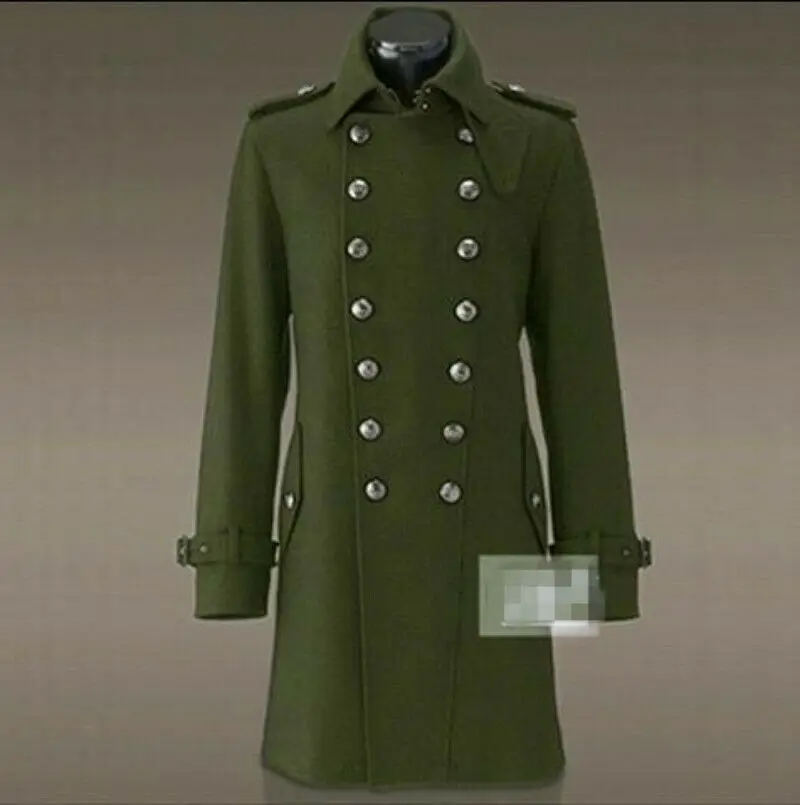 

Mens Military Wool Blend Outerwear Double Breasted Trench Long Coat Overcoat Jacket Thick Warm Parkas Windproof