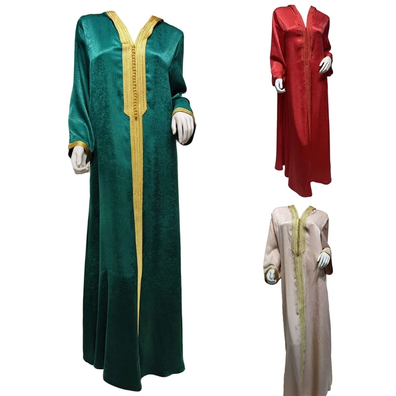 Дубайский арабский мусульманское длинное платье Для женщин Ночная одеждая с длинными рукавами халат с капюшоном Вышивка кружевной отделко...