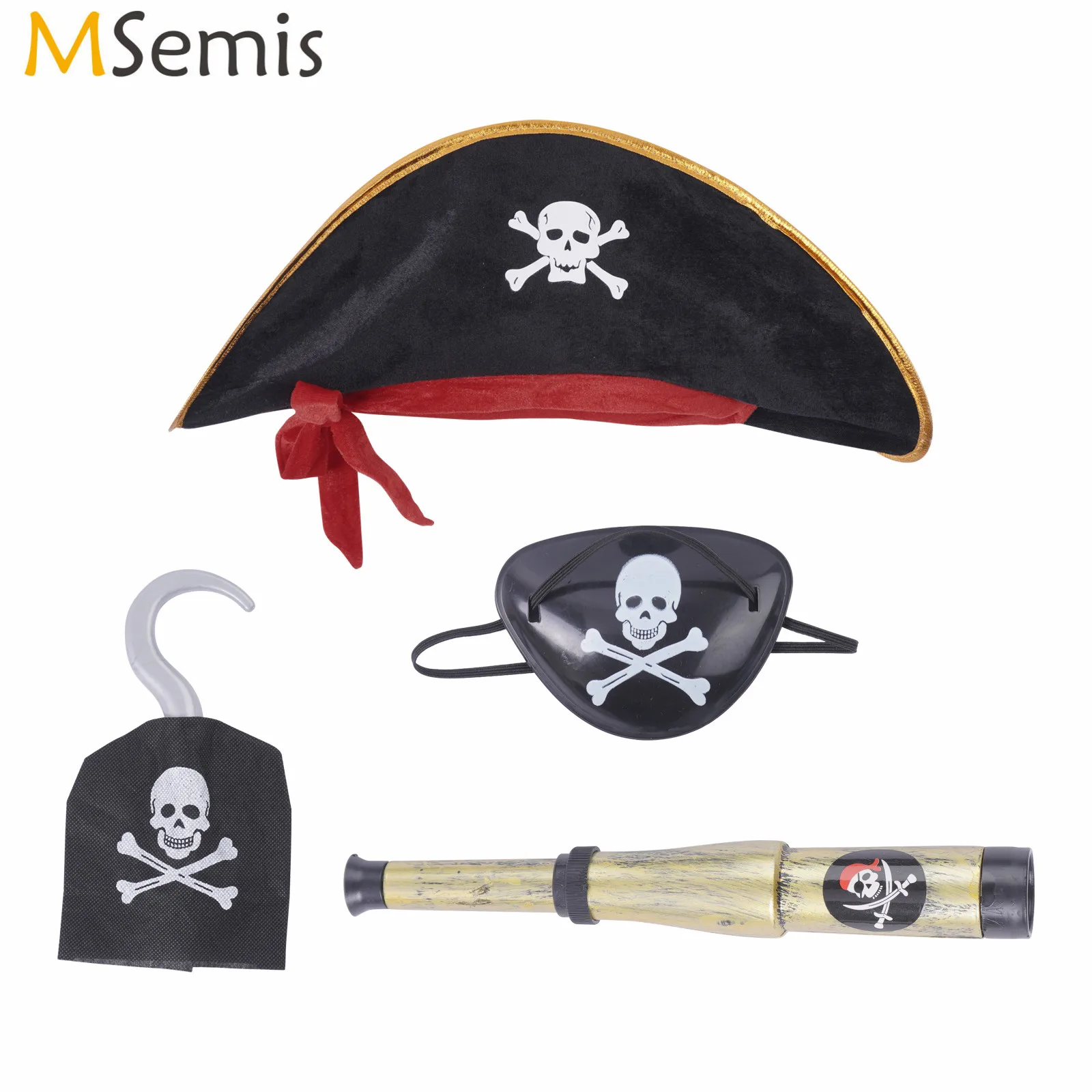 

Pirate Costume Accessories Skull Print Pirate Hat Pirates Caribbeans Captain Hat +Eye Patch Telescope Hook for Halloween Cosplay