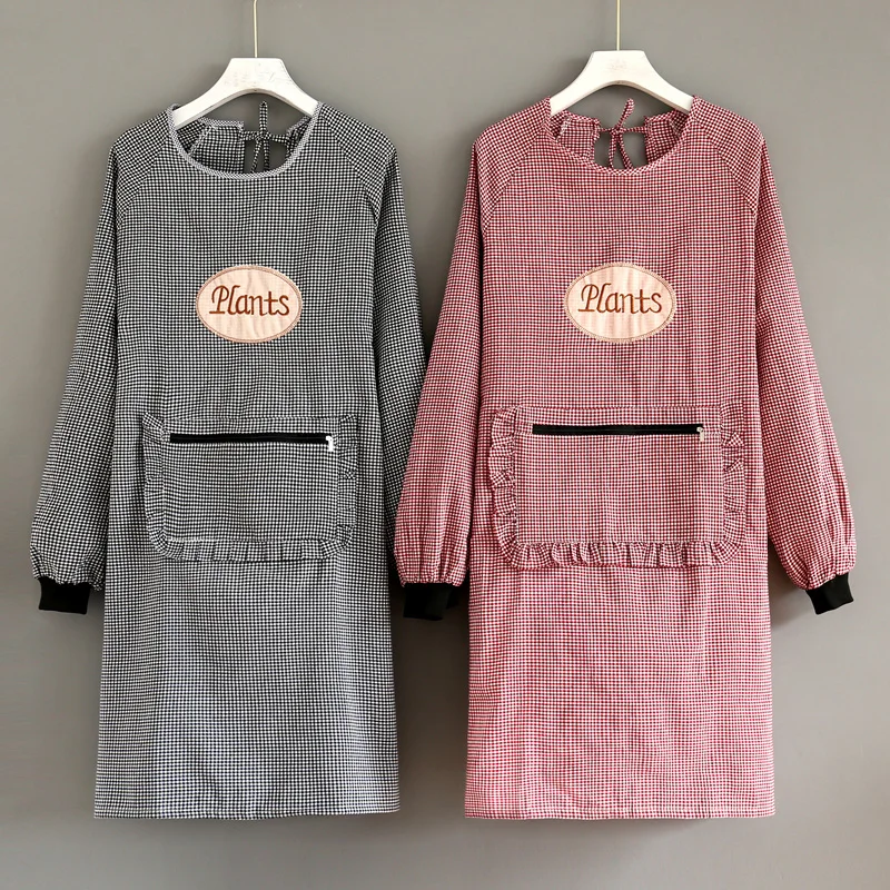 

Household Pure Cotton Long Sleeve Apron Kitchen Oil-Proof Breathable Overclothes Adult Female Fashion Korean Style Work