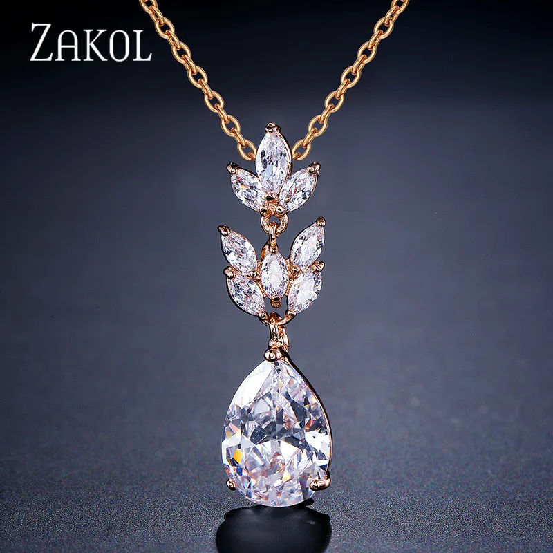 Gold Color ZAKOL модное ожерелье с кулоном в виде листьев из Кубического циркония в форме капли воды для женщин, свадебные вечерние ювелирные изделия FSNP2144 - Окраска металла: Gold Color