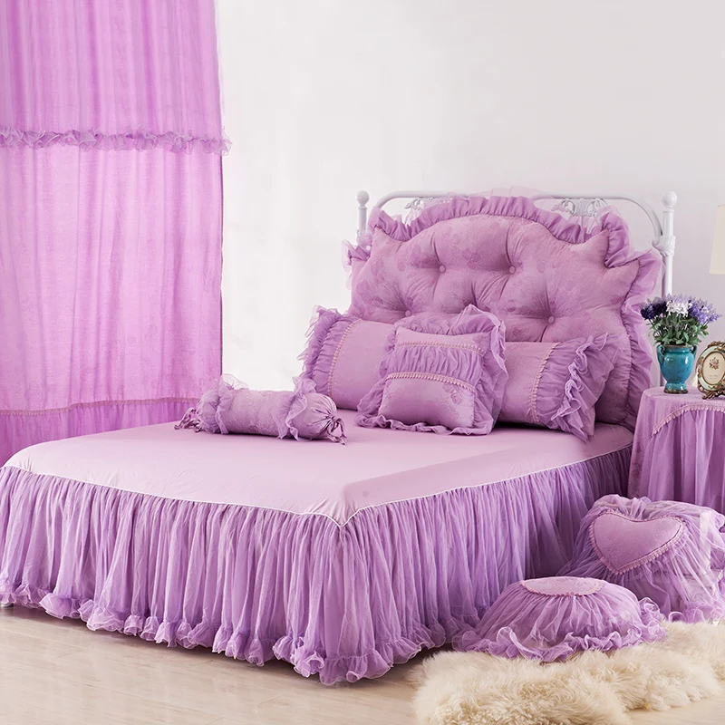 

Purple Lace Princess Wedding Bedding Sets Bedspread 4pcs Jacquard Satin Ruffles Duvet Cover Luxury Cotton Bedclothes Bed Skirt
