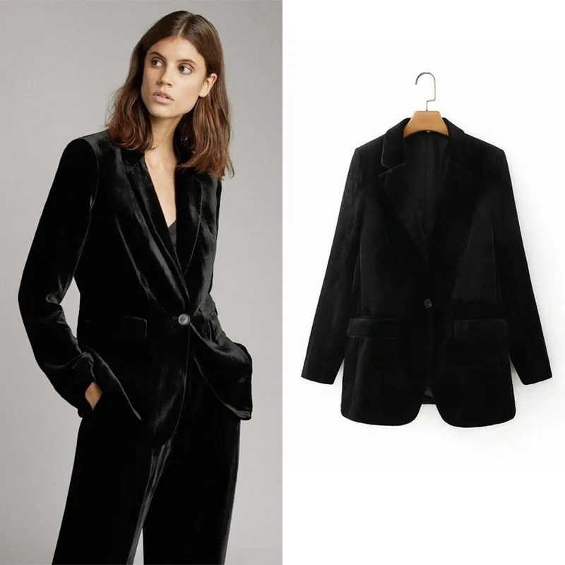 

Black Velvet Single Button Blazer Mature Young Woman Office Casual Blazer Suit New Fashion Temperament Suit Work Formal Clothes