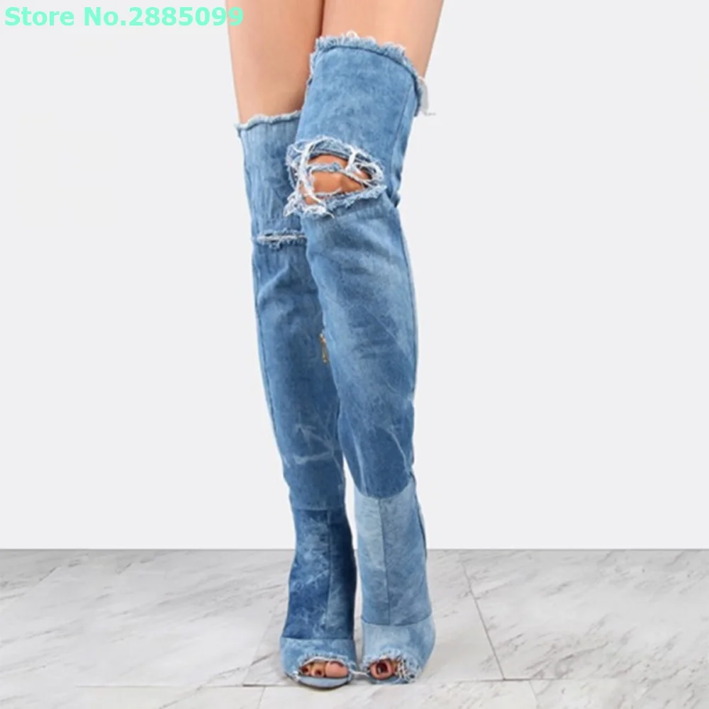 

Denim Hole Peep Toe Boots Thin High Heels Over The Knee Side Zipper Solid Ladies Spring Autume Long Boots Shoes Party Dress