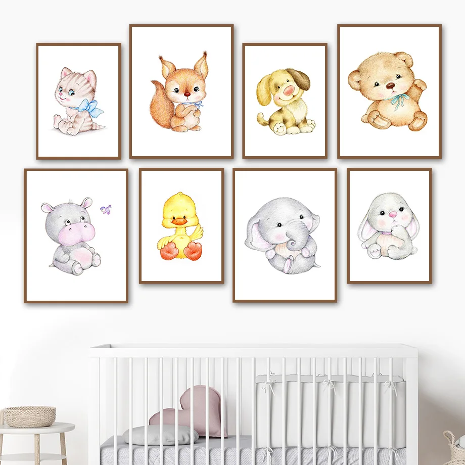 

Cute Cat Squirrel Bear Elephant Rhino Rabbit Wall Art Canvas Painting Nordic Posters And Prints Wall Pictures Kids Room Decor