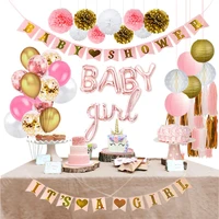 baby shower party decoration baby girl balloons white gold pink pom pom flower tassell kit set backgroud babyshower decoration