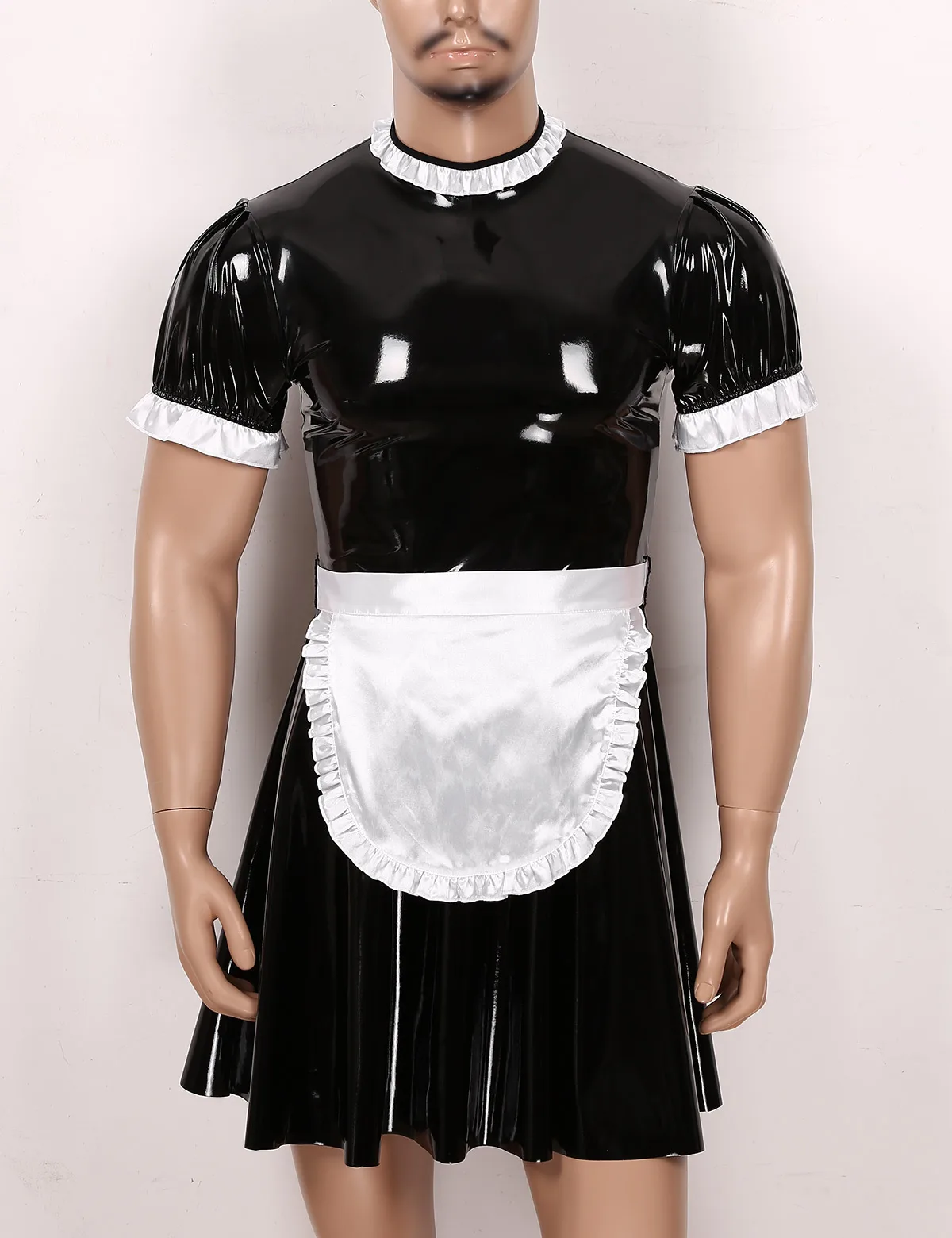 

Men Sissy Sexy Lingerie Maid Dress Cosplay Costumes PU Leather Crossdresser Gay Erotic Servant Uniform Role Play Dress and Apron