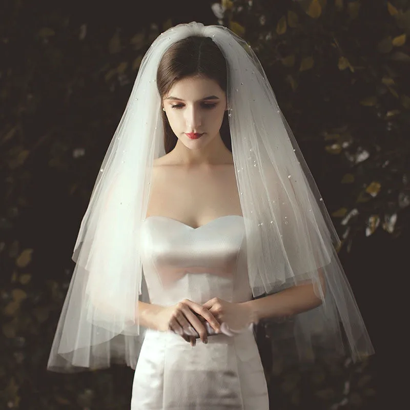 

Real Photo Of Bridal Veil With Lace Pearls White Ivory Church Wedding Accessories 60-80 Cm Wedding Accessories