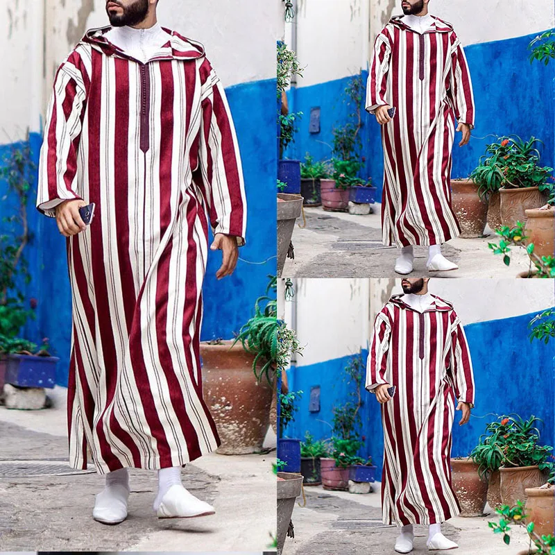 

Muslim Jubba Thobe Clothes Men Hoodie Ramadan Spring Autumn Abaya Dubai Turkey Islamic Clothing Male Casual Loose Red Stripe