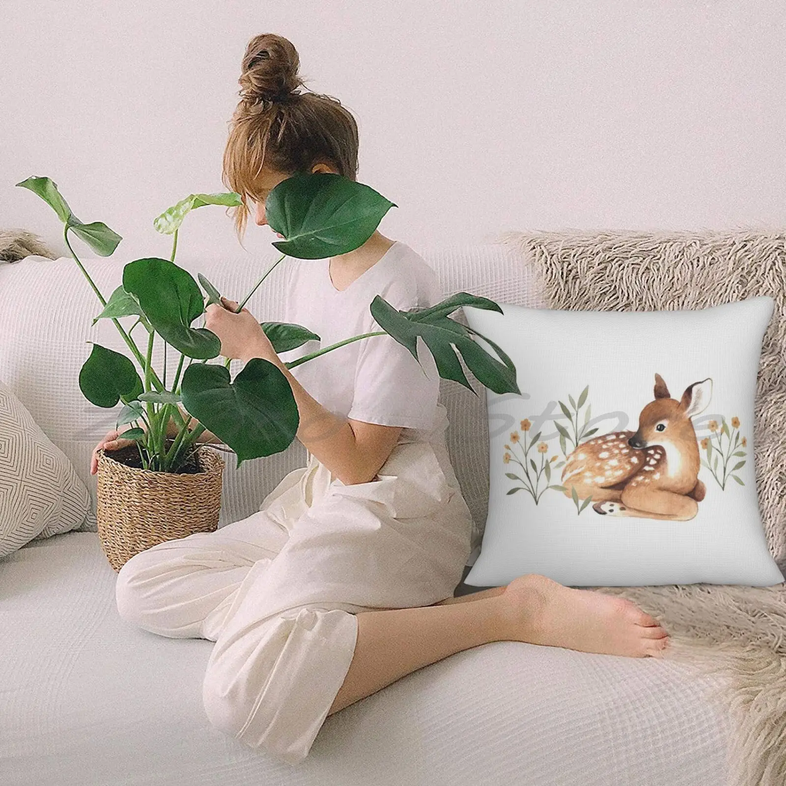 Наволочка с рисунком луга и оленя хлопковая льняная плюшевая наволочка помпоном