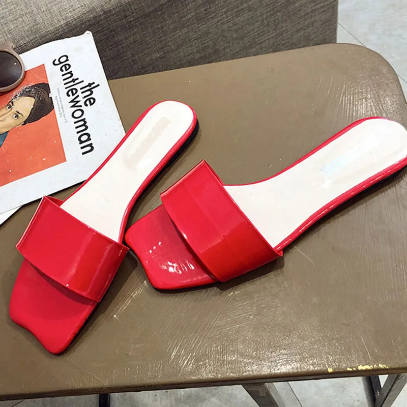 

Hot Summer Women Slippers Patent Leather Ladies Outside shoes Woman Casual Comfortable Women's Square Toe Shoes Female
