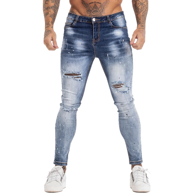 

Men Elastic Waist Skinny Jeans Men 2021 Stretch Ripped Pants Streetwear Mens Denim Jeans Blue