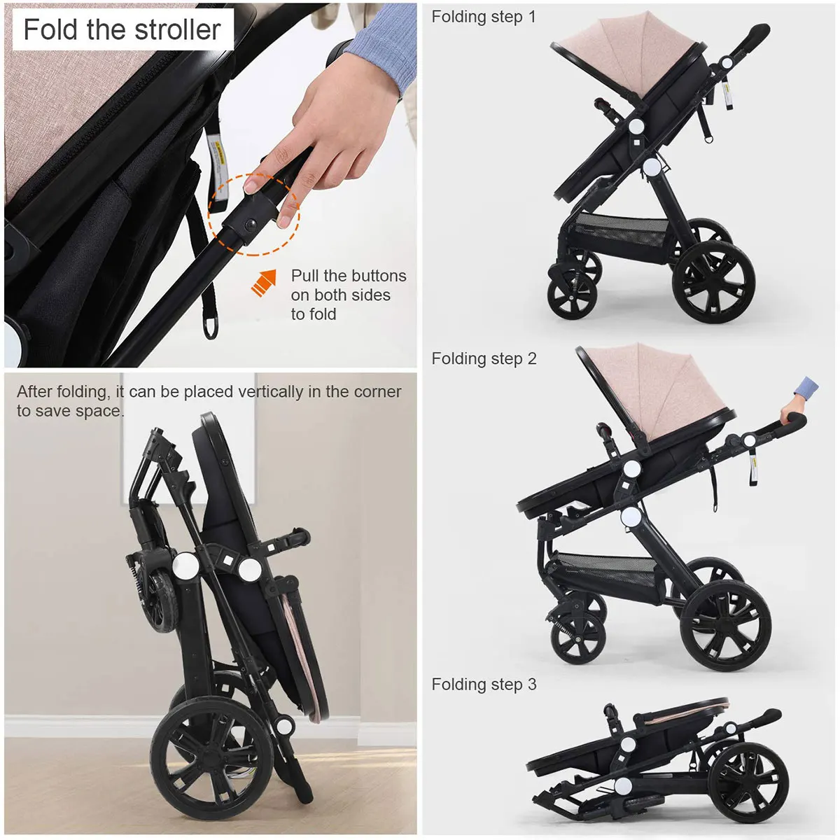 High-view Baby Stroller With Reversible Cradle And Luxury Seat Three in One, Shockproof, Comfortable and Safe enlarge