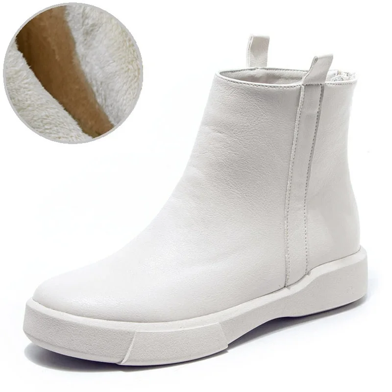 short plush beige DRKANOL/Винтажные женские ботинки на плоской подошве; сезон осень-зима; теплые зимние водонепроницаемые ботильоны с круглым носком на молнии сзади; женская обувь на платформе - Цвет: short plush beige