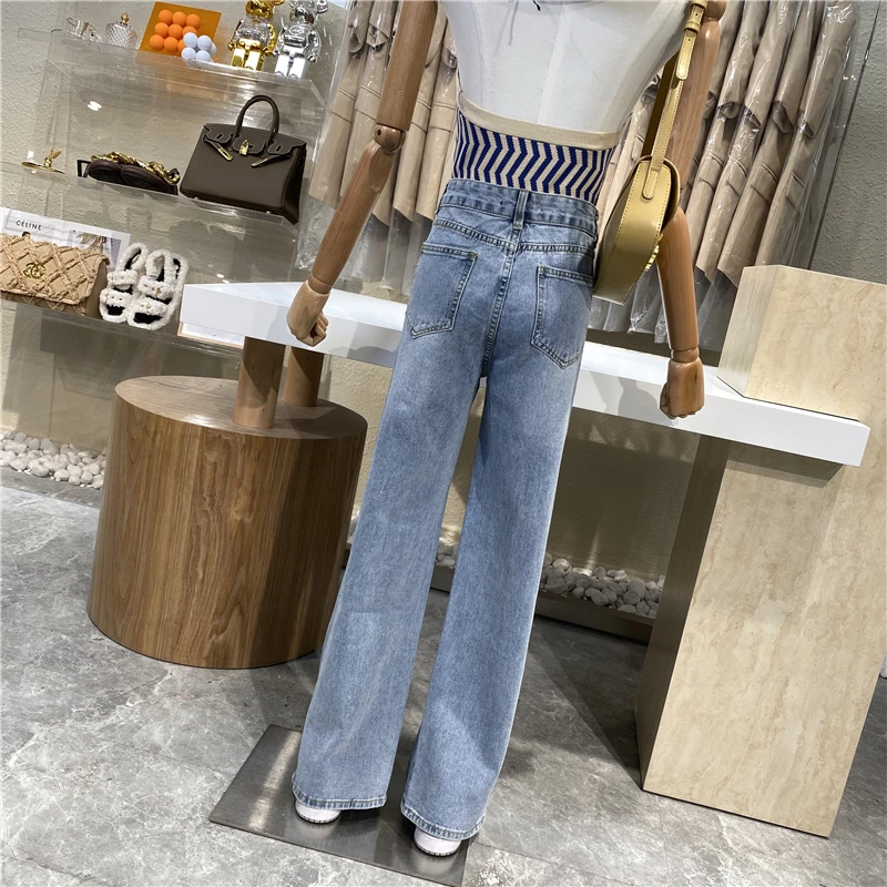 

Women Holed Side Slit Straight Jeans Women's Retro High Waist Denim Pants High Waist Slimming Pants Female Loose Wide Leg Jeans