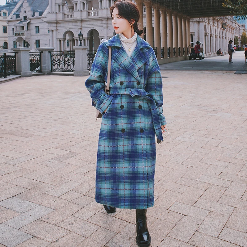 

Женское шерстяное пальто, длинное двубортное свободное теплое пальто из искусственной шерсти с лацканами, в синюю клетку, в Корейском стиле...