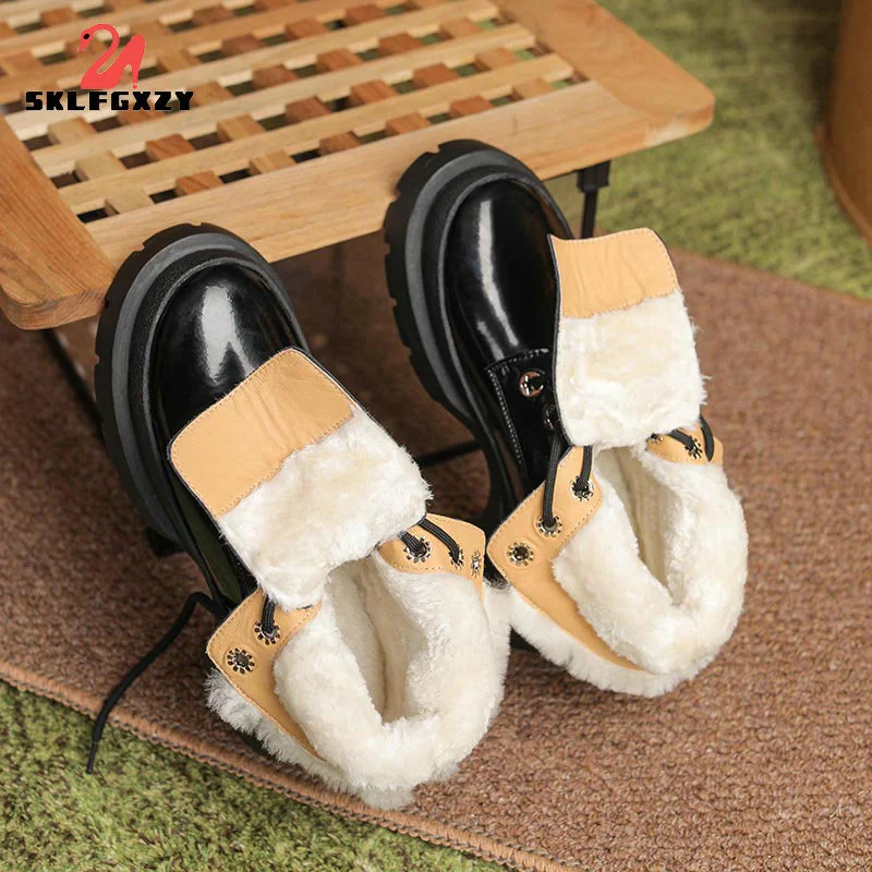 

Russia Outdoor Winter Natural 100% Wool Genuine Leather Women Martin Snow Boots Fur Warm Boots Platform Boots Shoes
