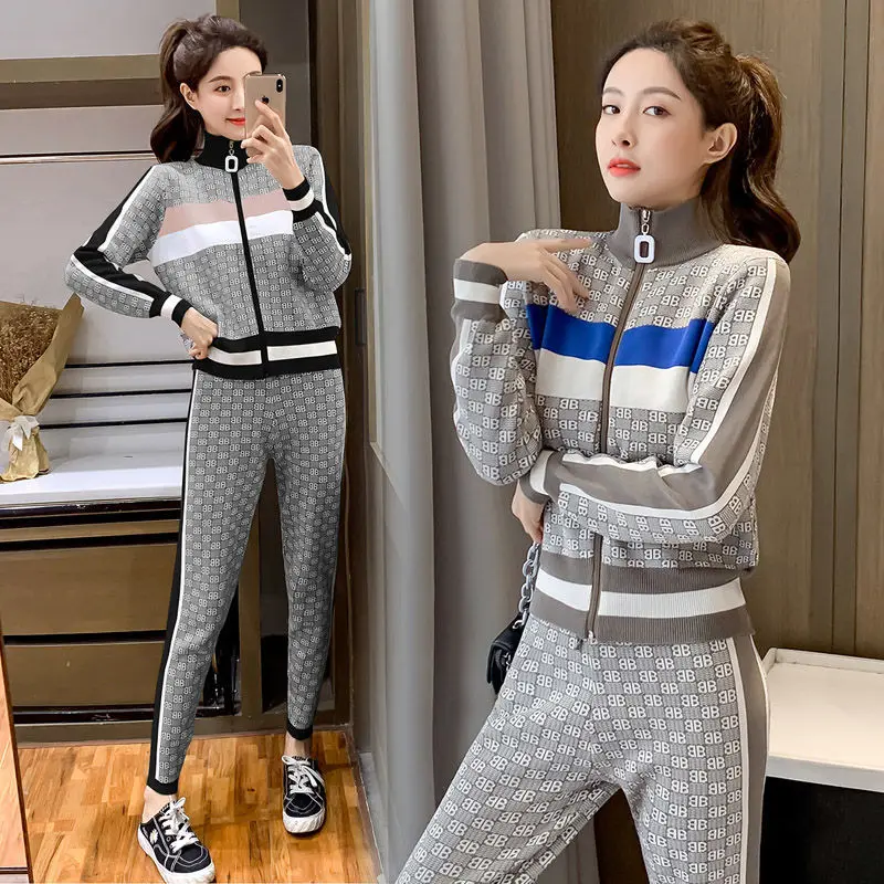 

2021 spring and autumn women's suit new fashion waist down thin knitted jacket pants sports leisure two piece set