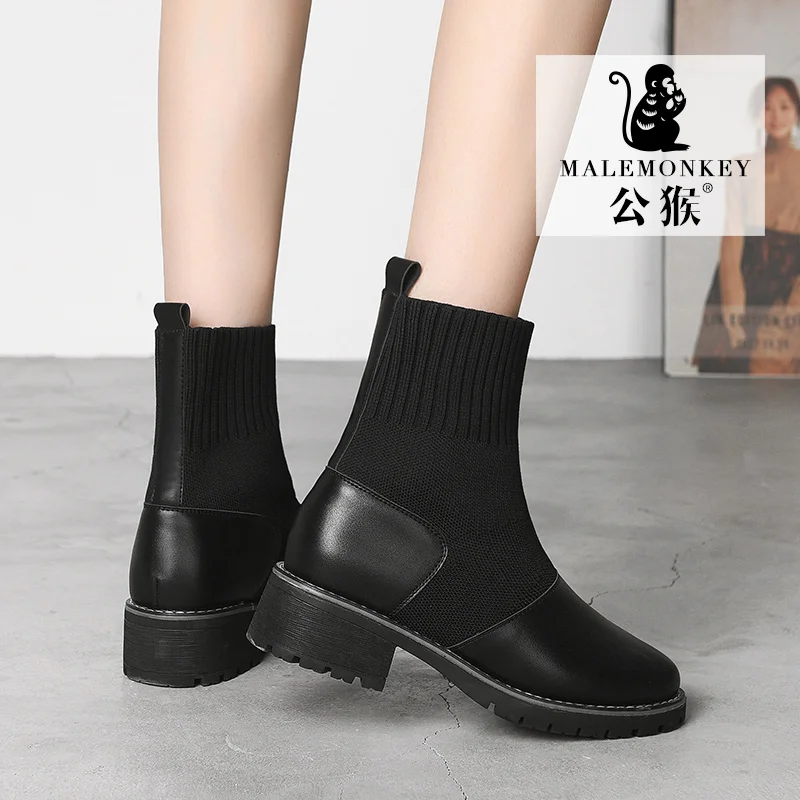 Женские осенние ботинки 2019 дизайнерские Вязаные Черные ботильоны женская