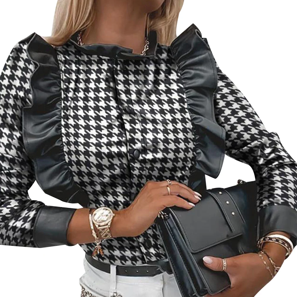 

Women Houndstooth Stitching PU Leather Blouse Casual Black-White Long Sleeve Ruffle Shirt Female Fashion Patchwork Tops D30