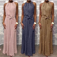 fashion women sleeveless polka dot print belt halter party banquet maxi dress